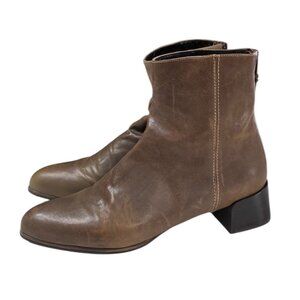 Stuart Weitzman Brown Leather Ankle Booties, Zip Back, Block Heel, Size 10M